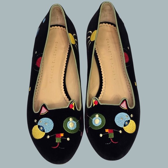 RARE Charlotte Olympia Cosmic Kitty Flats – Embroidered Velvet (EU 39 / US 9)